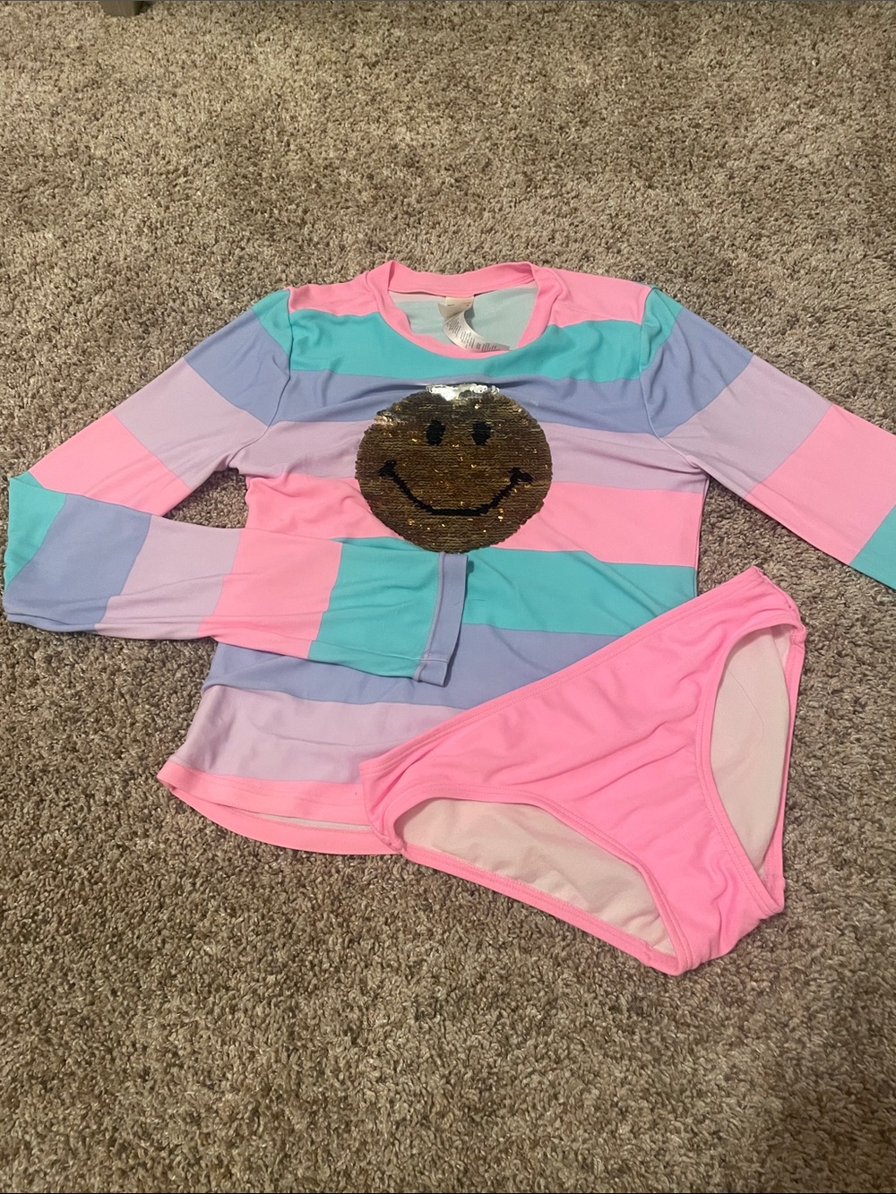 OshKosh B'gosh Pink, Aqua & Lavender Colorblock Sequin Smile Swim Set. Girls 10